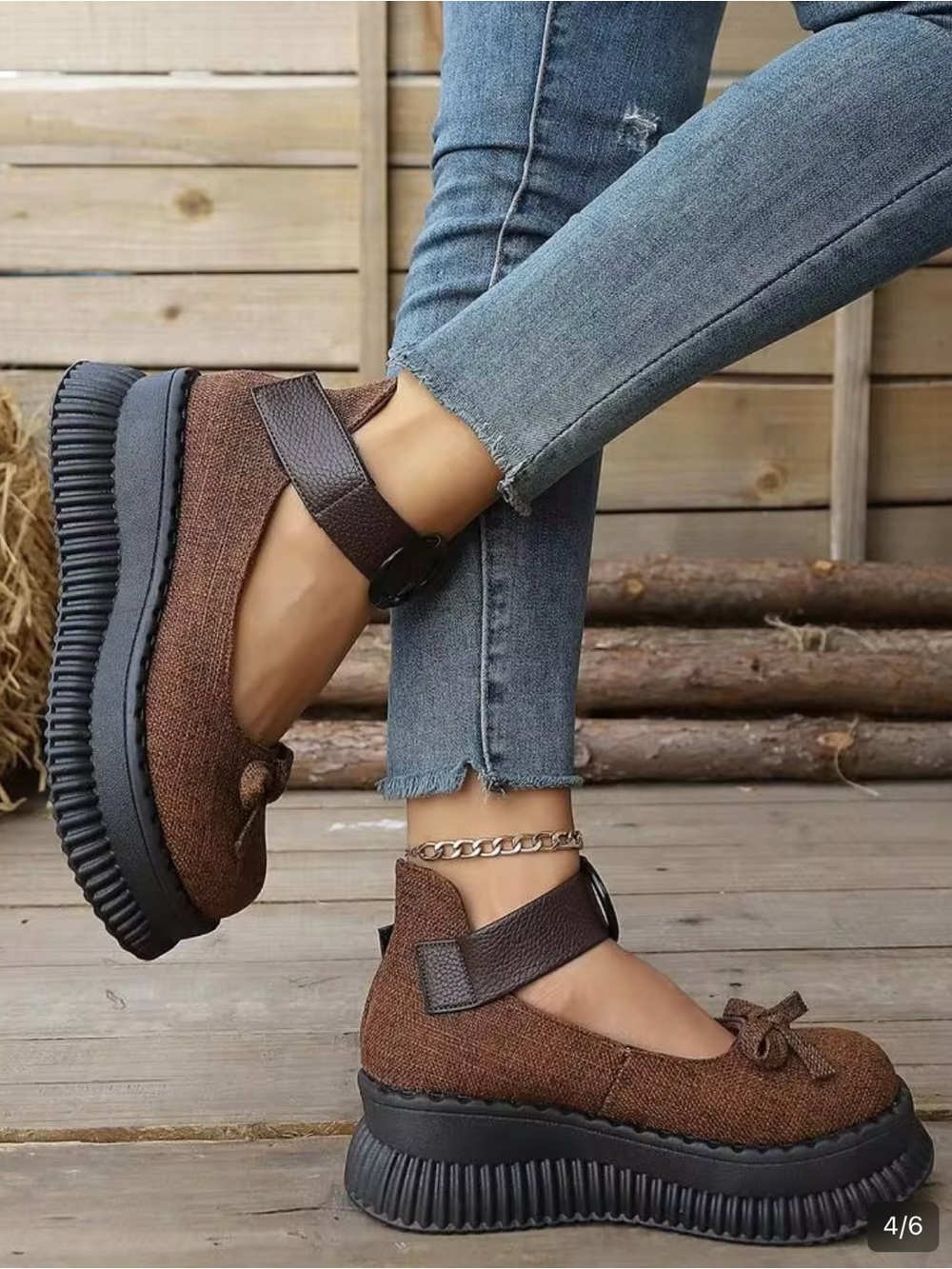 Brown Platform Mary Jane Shoes with Ankle Strap